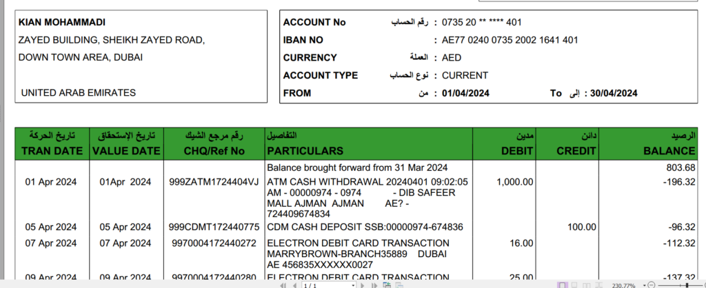 دانلود پی دی اف صورت حساب بانکی امارات نسخه 2024