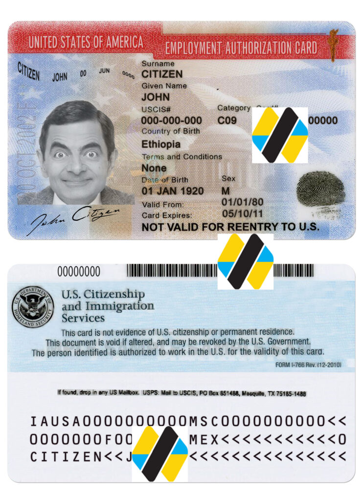 دانلود لایه باز کارت مجوز اشتغال آمریکا | download new version usa )United States of America( employment authorization card psd template