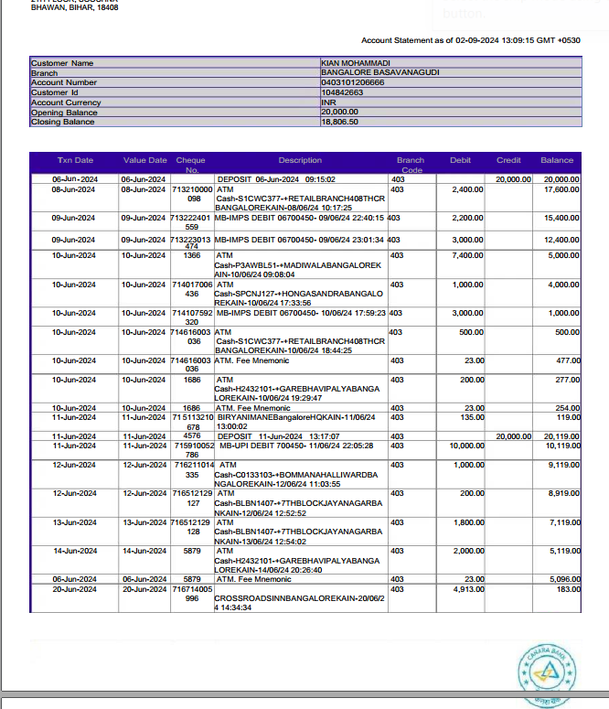 دانلود فایل پی دی اف صورتحساب بانکی هندوستان سه ماهه | 3 MONTHS BANK STATEMENT INDIA 2024 PDF DOWNLOAD