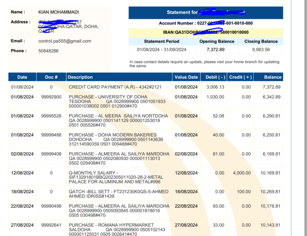 دانلود پی دی اف قابل ویرایش صورتحساب بانکی قطر