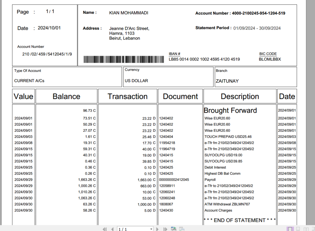 دانلود صورتحساب بانکی کشور لبنان جدید 2024