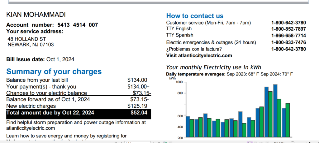 دانلود پی دی اف قبض برق نیوجرسی آمریکا | New Jersey Utility Bill pdf new 2024 - 2025