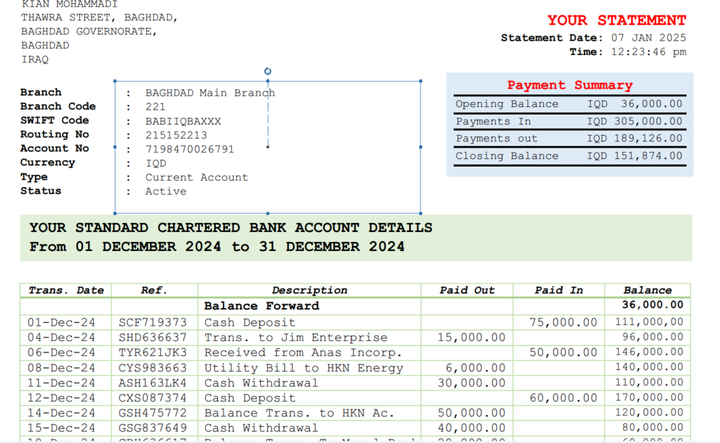 دانلود پی دی اف صورتحساب بانکی عراق نسخه 2025 جدید _ NEW VERSION IRAQ BANK STATEMNET PDF 2025