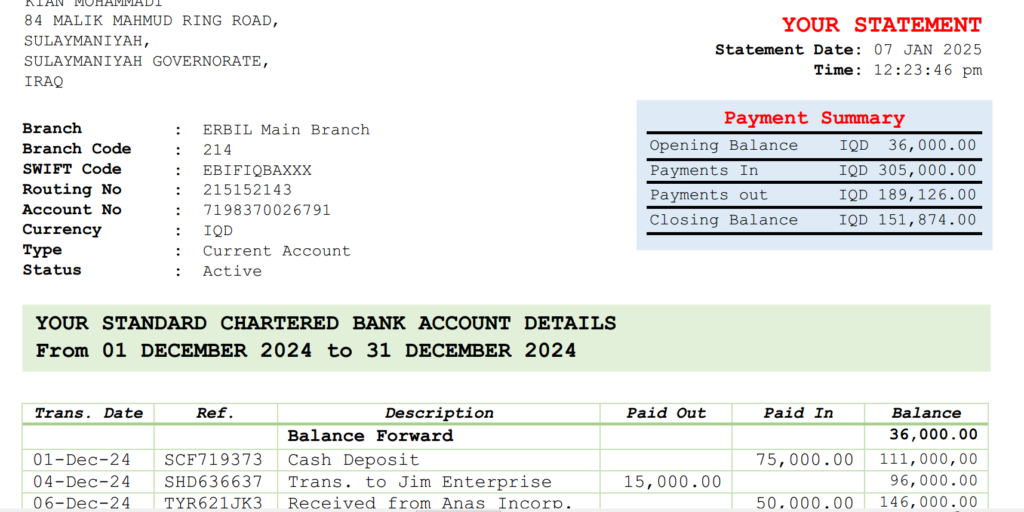 دانلود صورتحساب بانکی کردستان عراق نسخه 2025 _ KURDISTAN IRAQ BANK STATEMENT 2025 PDF EDITABLE